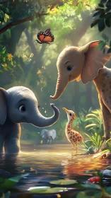 Young elephants and giraffe calf at forest water scene.