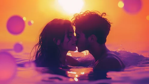 Sunset Romance in Water: Intimate Silhouettes Kiss.