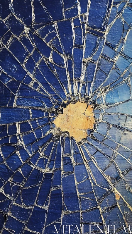 Radial fracture pattern on blue glass surface, macro study.