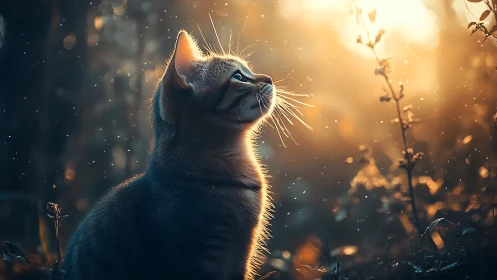 Cat Basking in Golden Sunset Light Among Wildflowers.