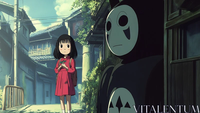 Young girl in red coat confronting masked figure in alleyway