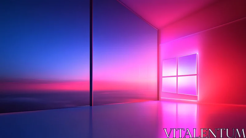 Neon gradient studio interior with panoramic glass horizon.