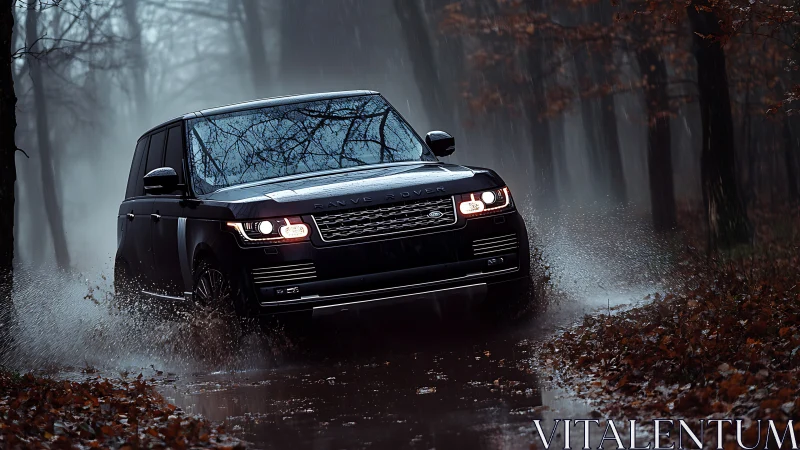 Stormy forest drive with a confident black SUV splashing through.