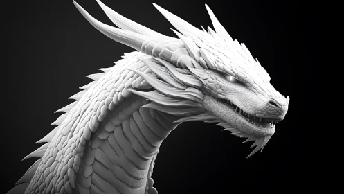 Monochrome 3D dragon bust with high-relief scale detailing.