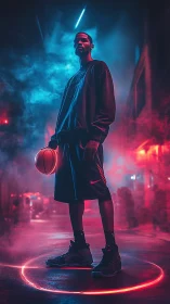 Basketball player stands in neon lit alley with colored smoke