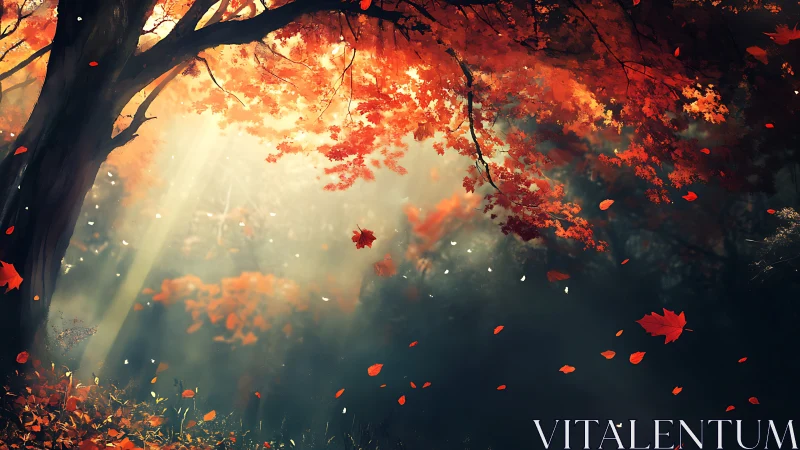 Autumn forest canopy glows through drifting scarlet leaves.