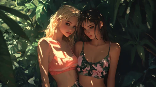 Sun-dappled duo rendered with soft-rim lighting in dense foliage