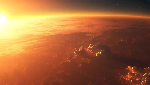 Orbital sunrise illuminates dense glowing cloud horizon