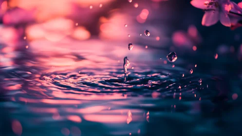 Water droplet impact with pink bokeh floral backdrop.