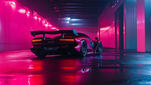 Sleek supercar glowing in neon pink and blue night light.