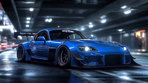 Midnight blue tuner car glowing in a sleek city tunnel.