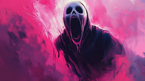 Screaming spectral hooded figure dissolves into neon magenta haze