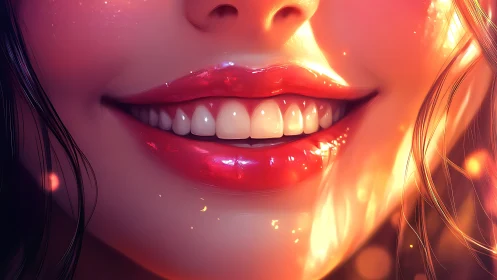 Glossy smiling lips in warm glowing digital light.