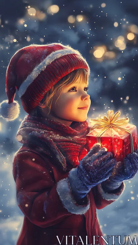 Child holds glowing Christmas gift under softly falling snow