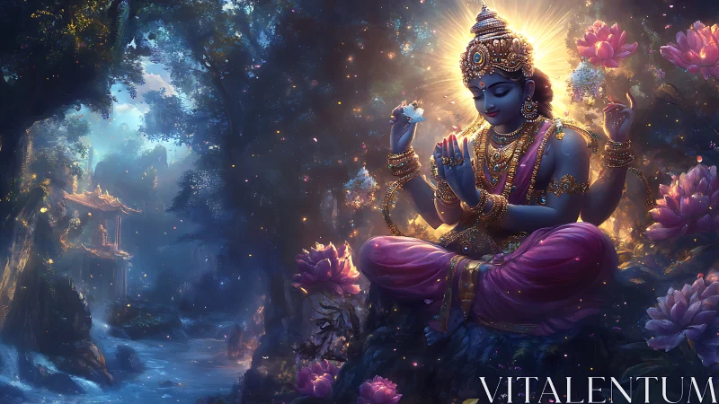 Radiant deity meditates in luminous lotus forest sanctuary