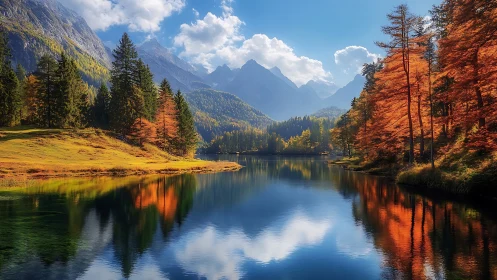 Mountain lake with autumn forest reflections at midday.