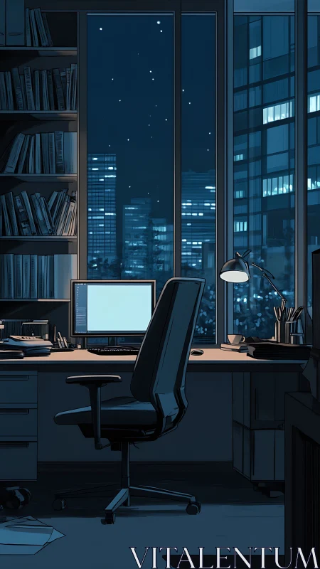 Night office workspace with city view and glowing monitor.