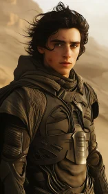 Young warrior in armored suit stands wary in desert wind