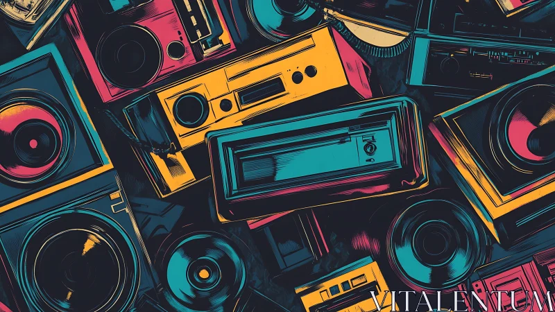 Retro stereo collage bursts with bold cyan magenta gold.