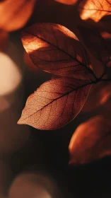 Backlit brown leaf with detailed veins in soft focus field.