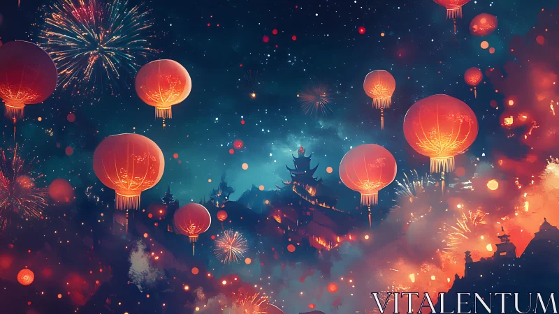 Lanterns and fireworks occupy a stylized night festival sky