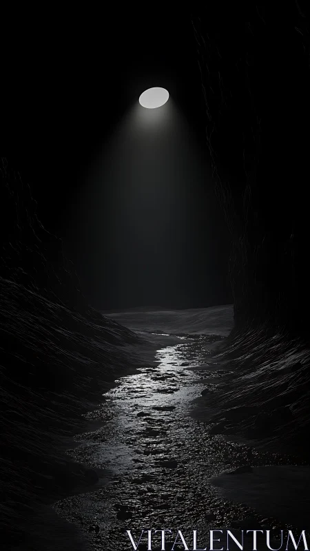 Circular overhead light illuminating narrow rocky ravine.