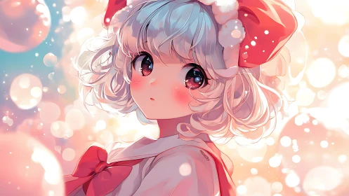 Softly lit anime girl in red bow with luminous bokeh backdrop