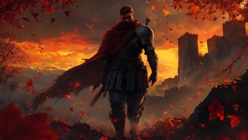 Autumn warrior crossing ember-lit battlefield before ruins.