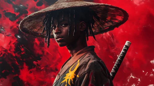 Samurai portrait with straw jingasa against red motion field.