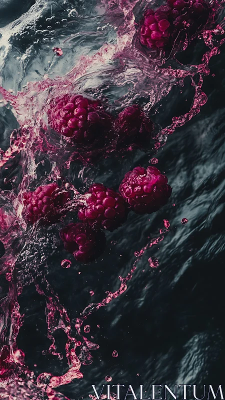 Raspberries plunge through dark water with vivid pink splash