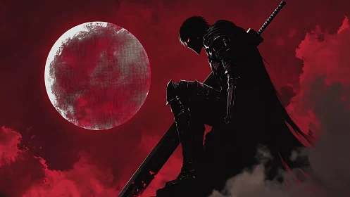Armored swordsman silhouette crouches under red full moon