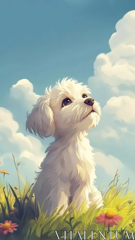 White fluffy puppy sitting in sunny flower meadow outdoors.