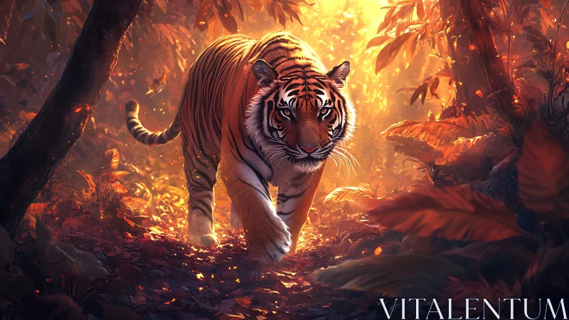 Tiger strides through ember-lit jungle with cinematic glow.