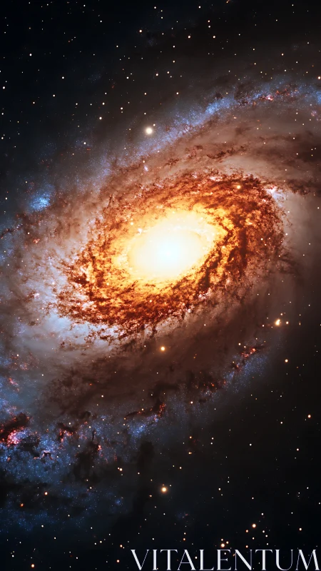 Spiral galaxy with bright core and orange dust ring.