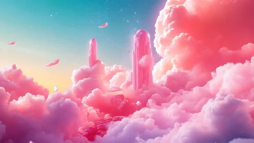 Surreal pastel cloudscape with crystalline sky spires rendered precisely.
