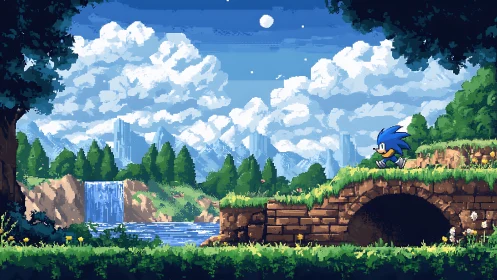 Pixel art landscape with running hedgehog on stone bridge.