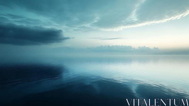 Calm blue seascape reflects soft dawn clouds on horizon line