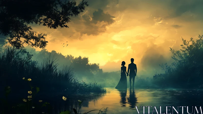 Silhouetted couple in shallow water at golden hour sunset with atmospheric mist