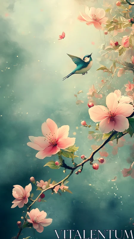 Small bird hovers near flowering branch against diffuse sky