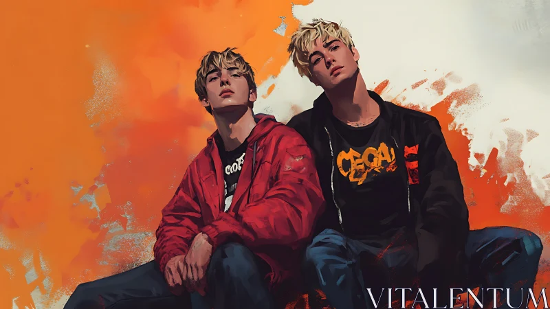 Twin rebels in neon dusk jackets against painted blaze.