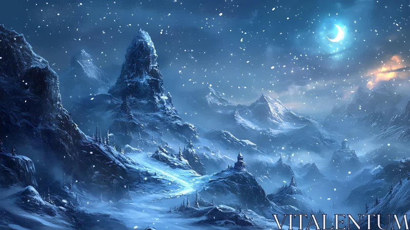 Lunar-illuminated alpine range with tiered snowbound citadels.