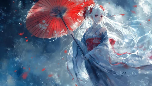Snowstorm geisha under a crimson umbrella of swirling petals.