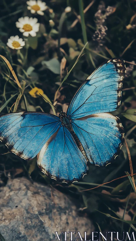 Blue butterfly rests on meadow floor in muted summer light