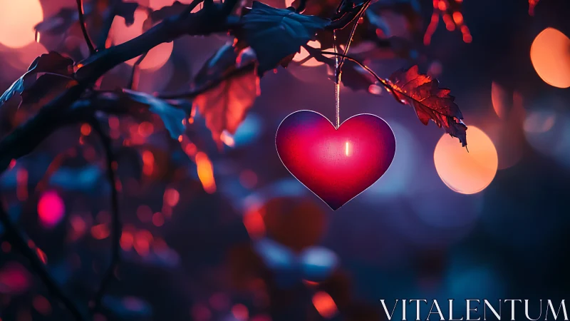 Glowing heart ornament suspended in branches against bokeh light backdrop.