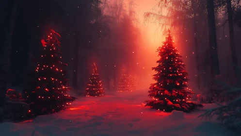 Soft glowing Christmas trees warm a quiet winter forest