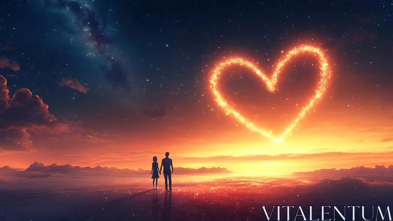 Silhouetted figures beneath incandescent heart in nocturnal sky.