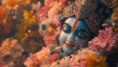 Blue-skinned deity sculpture with jeweled crown amid soft florals