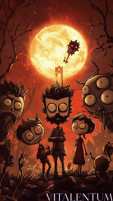 Distorted gothic family stands under oversized blood-red moon