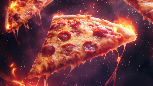 Pizza slice surrounded by flames and molten lava