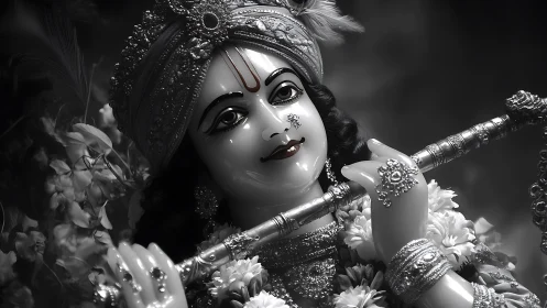 Monochrome close-up of ornate deity statue holding flute